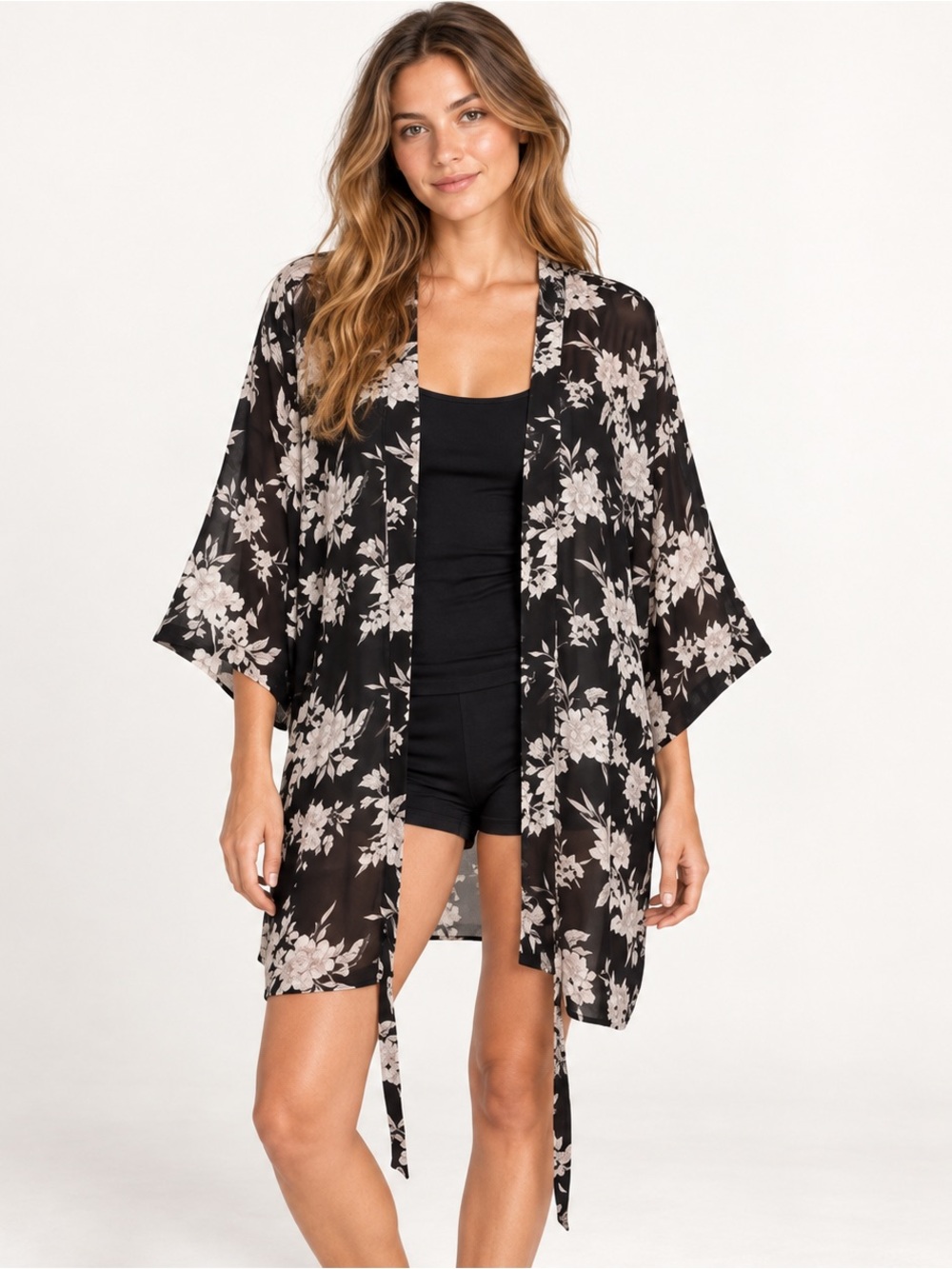 Spiritual Gangster Floral Sheer Tie-Front Kimono Cover-Up